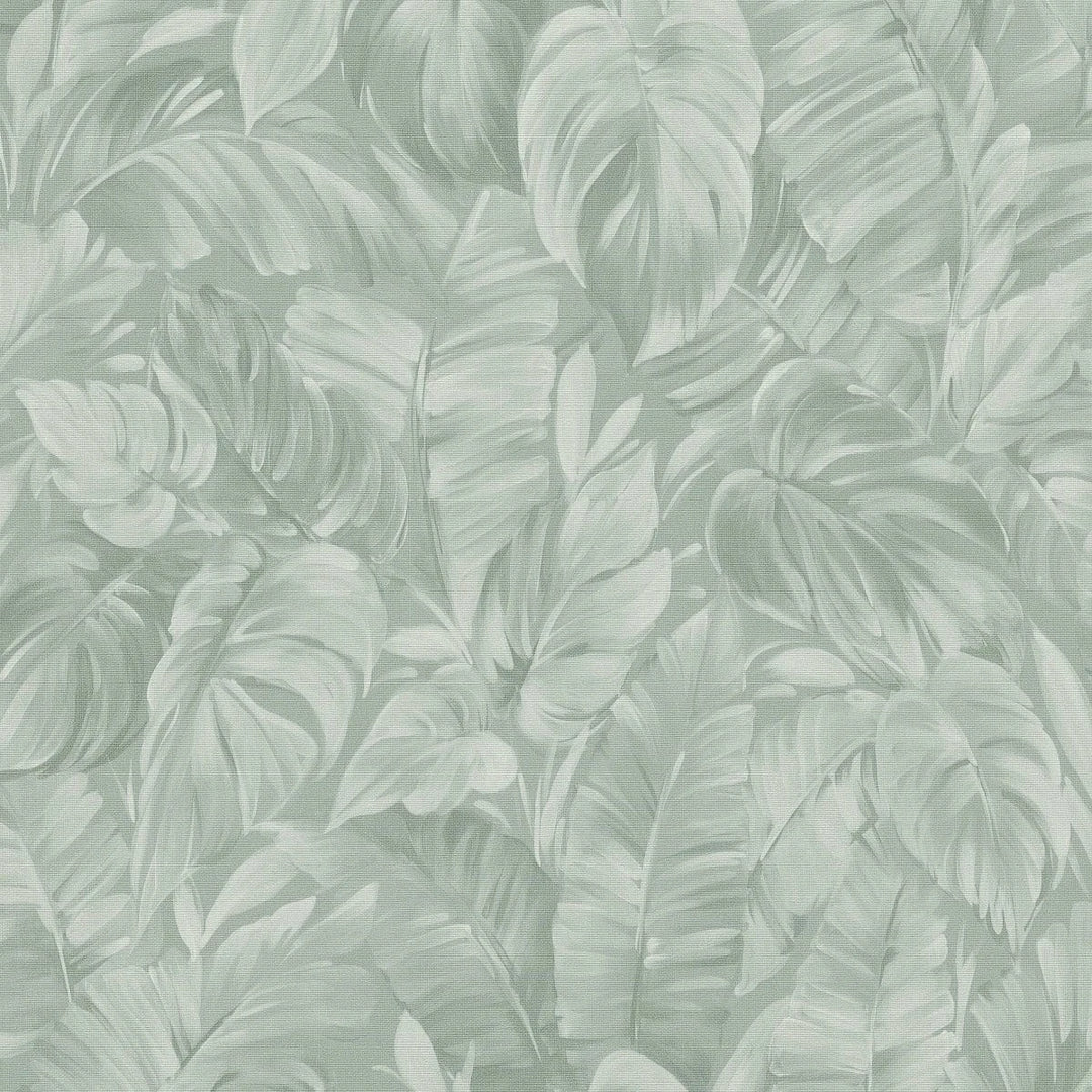 Zaļas tapetes ar tropiskām lapām un tekstila faktūru – ideja interjeram Erismann