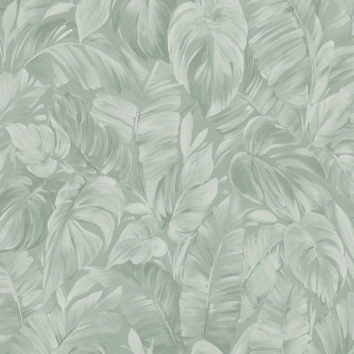 Zaļas tapetes ar tropiskām lapām un tekstila faktūru – ideja interjeram Erismann