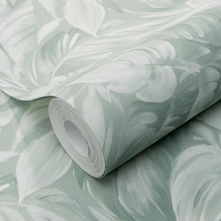 Zaļas tapetes ar tropiskām lapām un tekstila faktūru – ideja interjeram Erismann