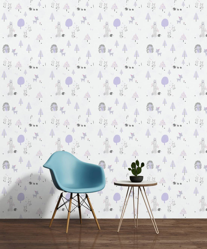 Tapetes bērnu istabai ar meža dzīvniekiem - violeta, balta, 381171, Bez PVC 🌿 AS Creation