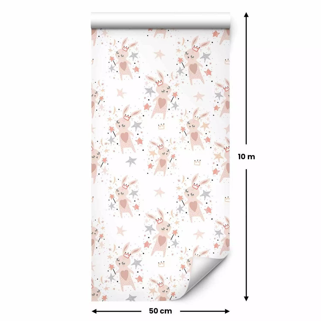 Tapetes bērnu istabai - Truši un zvaigznes, baltā, rozā, (0,5x10m) G ART