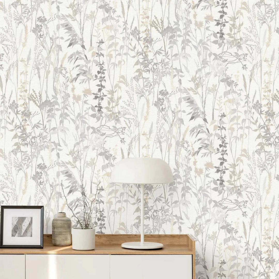 Smalkas lapu un zāles lauku stila tapetes gaišos toņos   Tapetenshop.lv