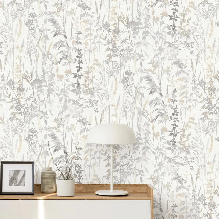 Smalkas lapu un zāles lauku stila tapetes gaišos toņos   Tapetenshop.lv