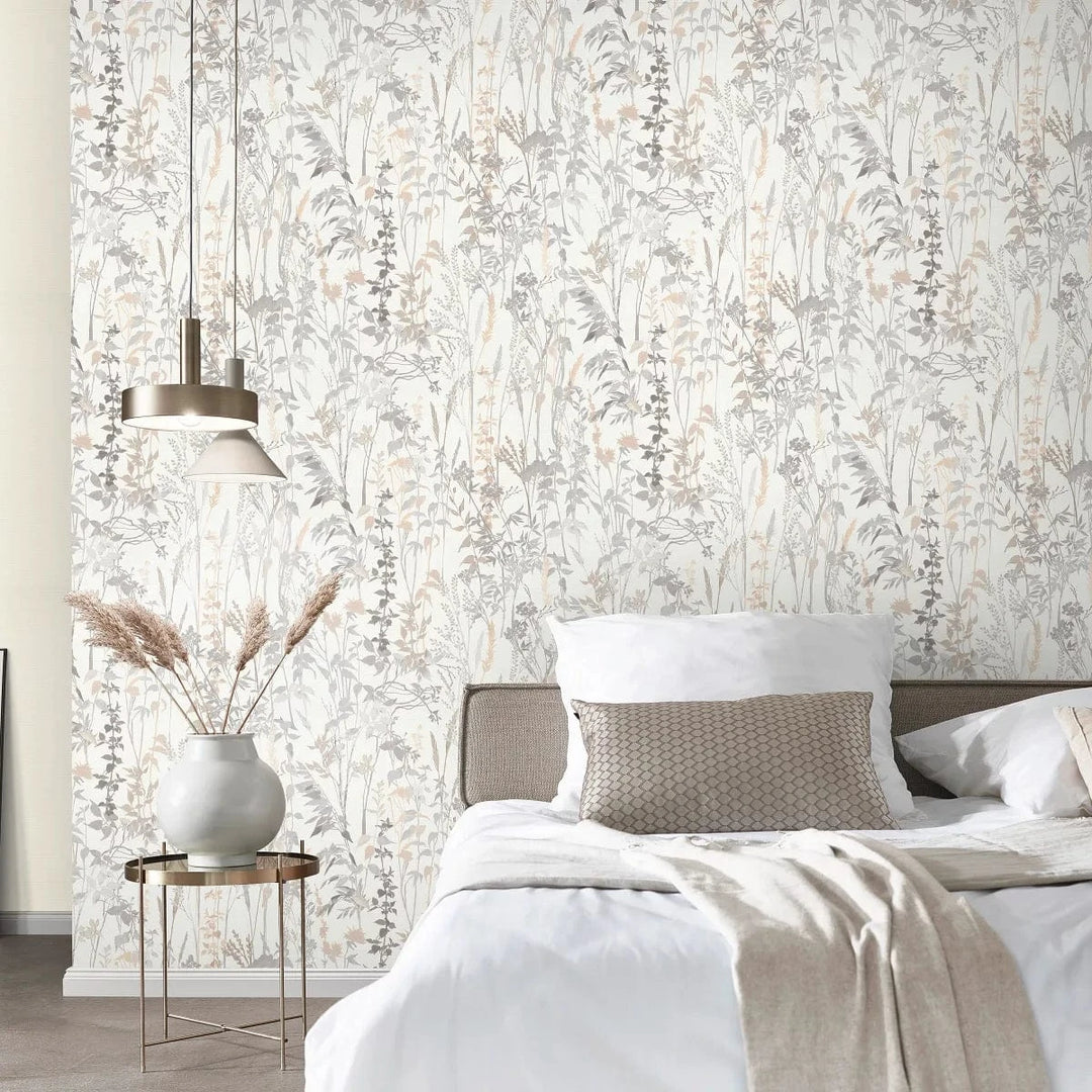 Smalkas lapu un zāles lauku stila tapetes gaišos toņos   Tapetenshop.lv