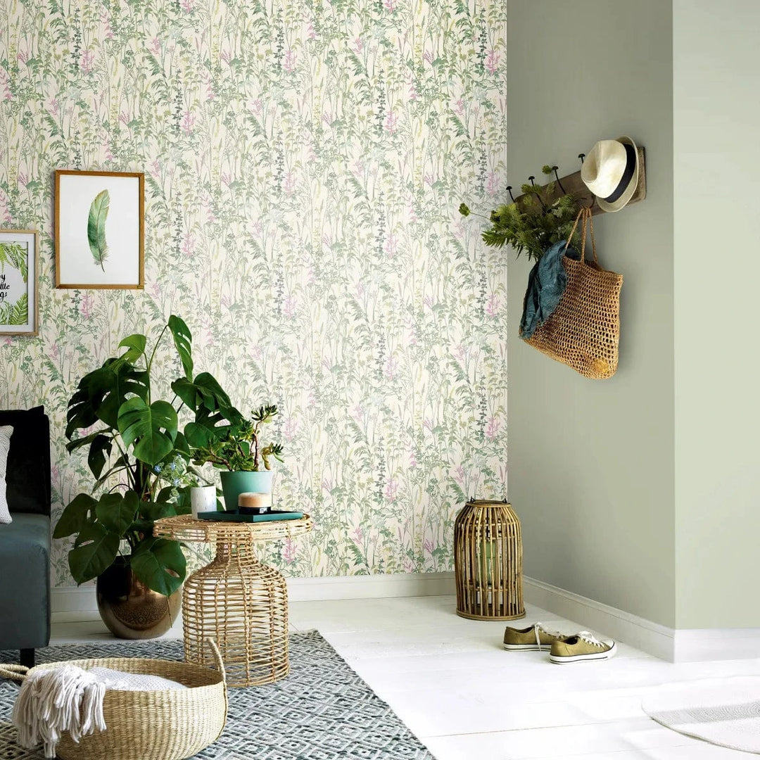 Lauku stila tapetes ar lapām un zāli krēmzaļos toņos   Tapetenshop.lv