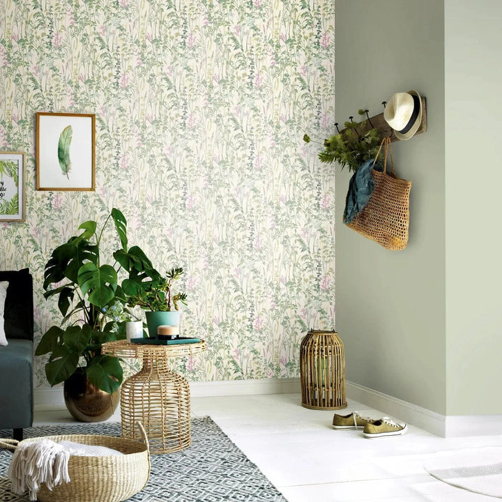 Lauku stila tapetes ar lapām un zāli krēmzaļos toņos   Tapetenshop.lv