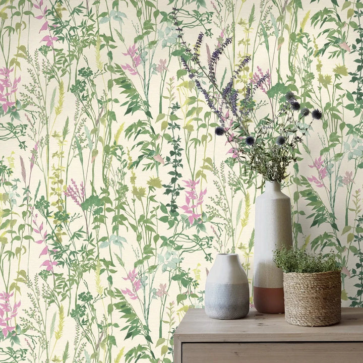Lauku stila tapetes ar lapām un zāli krēmzaļos toņos   Tapetenshop.lv