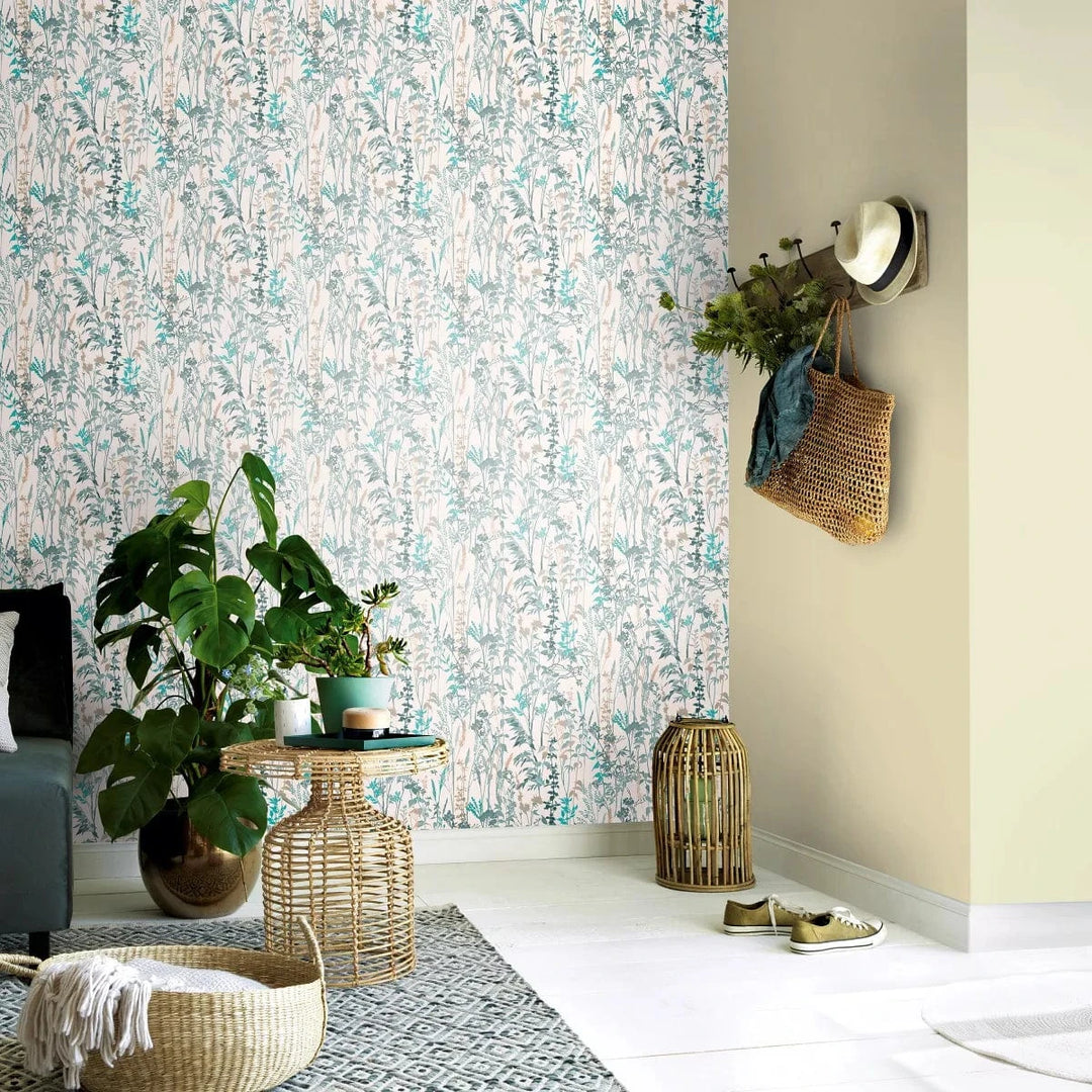 Lauku stila tapetes ar lapu motīvu uz balta fona   Tapetenshop.lv