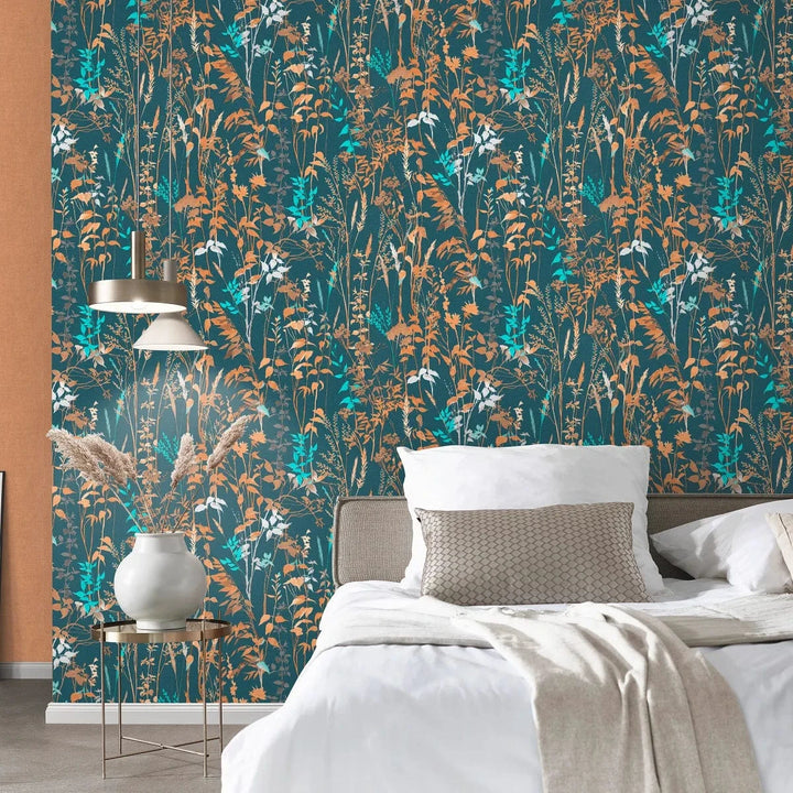 Lauku stila tapetes ar lapu rakstu uz tumši zila fona   Tapetenshop.lv