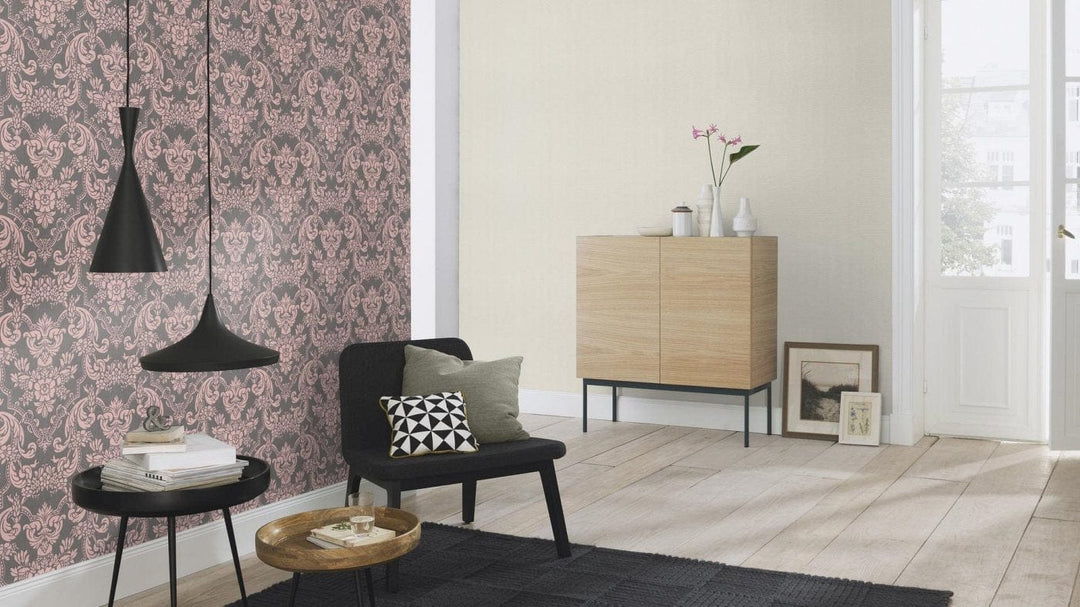 Tapetes RASCH ar klasisko ornamentu rozā un pelēkā krāsā, 570649 RASCH