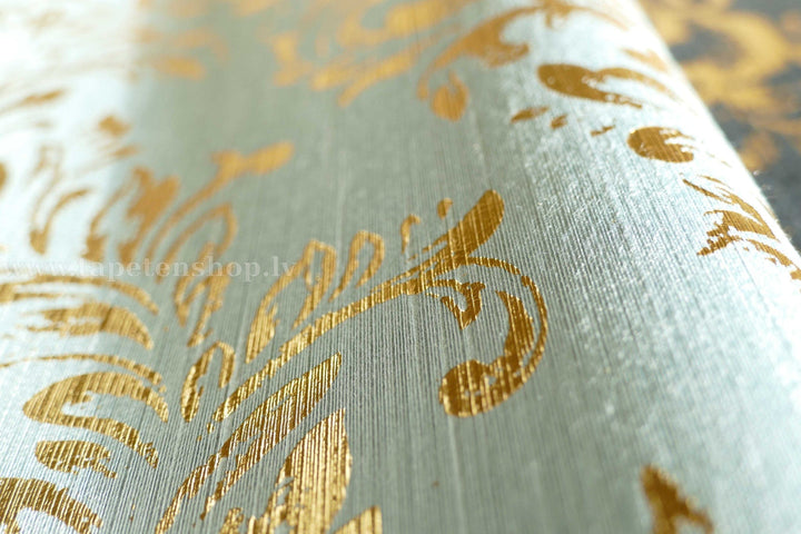 Tekstila tapetes ar ziedu elementiem zelta krāsā - zelta, zila, 306586 AS Creation