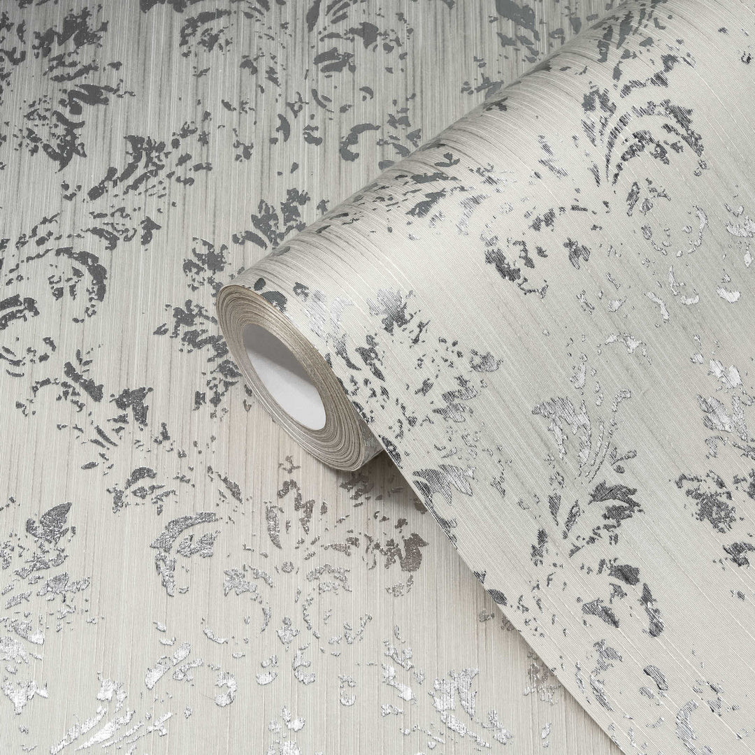 Tekstila tapetes barokā stilā – gaiši pelēkā, sudrabā krāsā, 306622 AS Creation