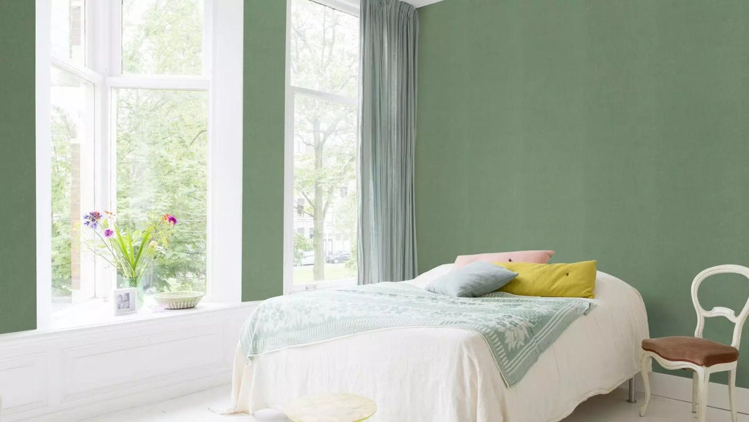 Vienkrāsainas tapetes ar tekstila faktūru zaļā krāsā, 633191 RASCH