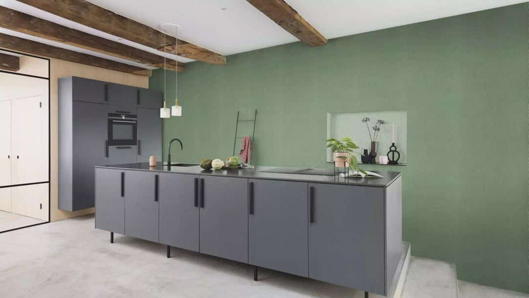 Vienkrāsainas tapetes ar tekstila faktūru zaļā krāsā, 633191 RASCH