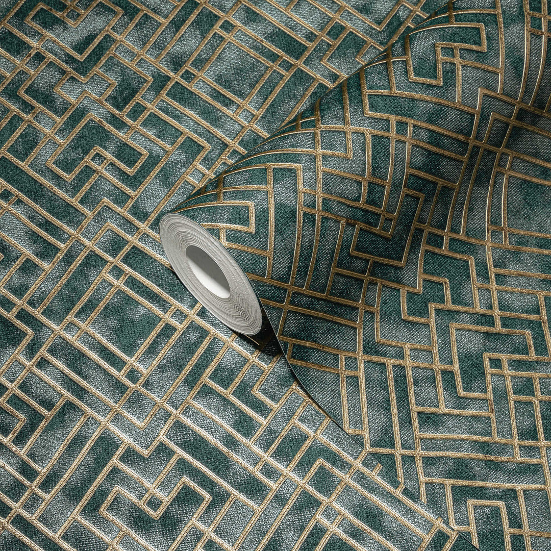 Zaļās Art Deco tapetes ar zeltainu grafisku rakstu - 1366275 AS Creation
