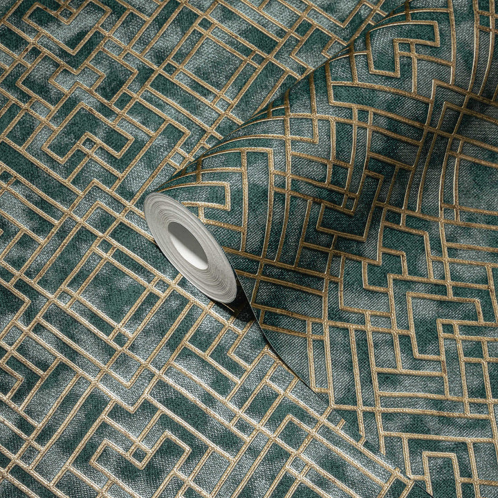 Zaļās Art Deco tapetes ar zeltainu grafisku rakstu - 1366275 AS Creation