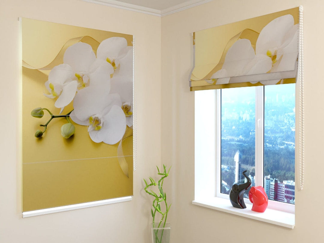 Žalūzijas ar orhidejām - Orhidejas uz zelta fona - guļamistabai Tapetenshop.lv