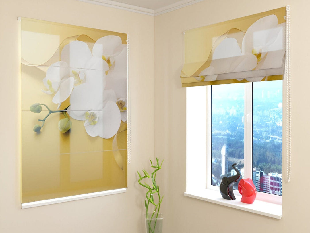 Žalūzijas ar orhidejām - Orhidejas uz zelta fona - guļamistabai Tapetenshop.lv