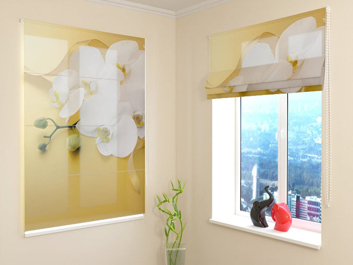 Žalūzijas ar orhidejām - Orhidejas uz zelta fona - guļamistabai Tapetenshop.lv