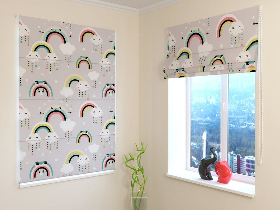 Žalūzijas bērnistabai - Jauka varavīksne un mākoņi uz pelēka fona Tapetenshop.lv