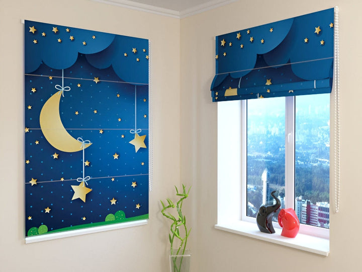 Žalūzijas bērnistabai - Mēness un zvaigznes - nakts audums Tapetenshop.lv