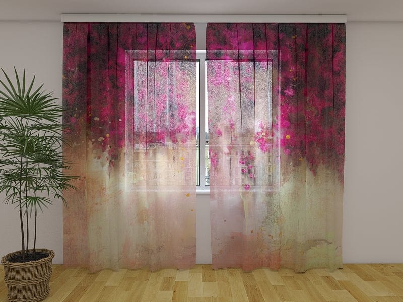 Dienas un nakts aizkari - Ziedi karmīnsarkanā krāsa uz zelta fona 180 x 140 cm (2x  90x140 cm) / Chiffon Tapetenshop.lv