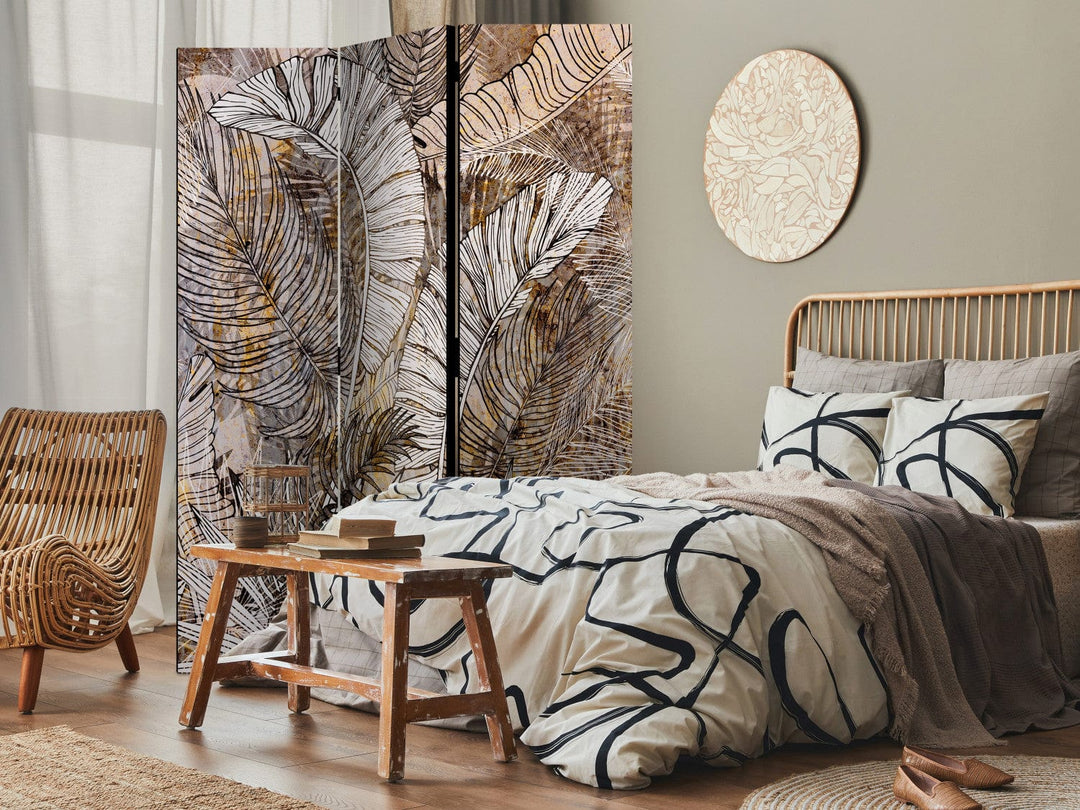 Dekoratīvais aizslietnis ar tropiskām lapām brūnos toņos, 3 daļas ART