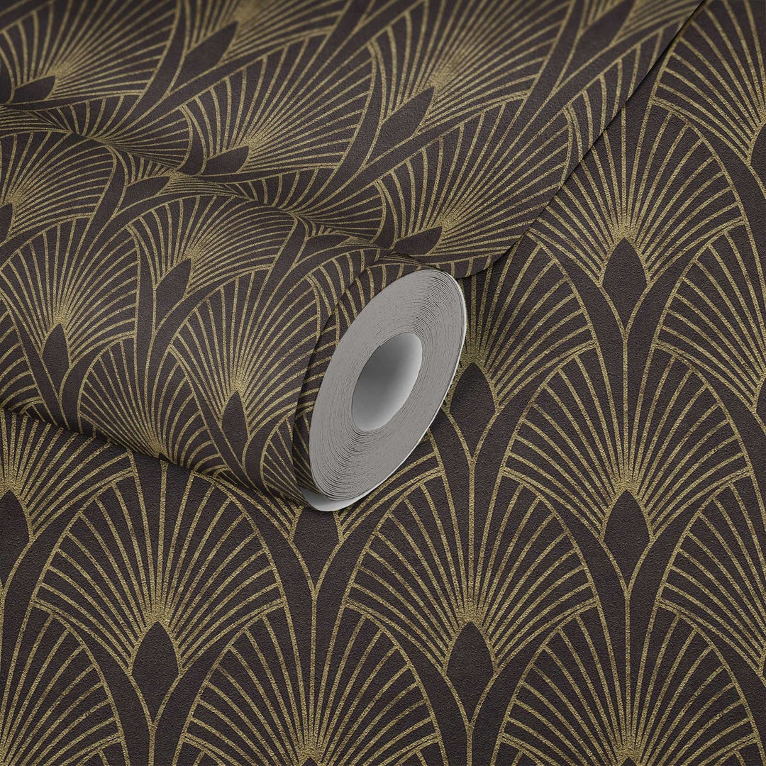 Art Deco tapetes ar zelta retro rakstu un fonu melnā krāsā AS 374273 AS Creation