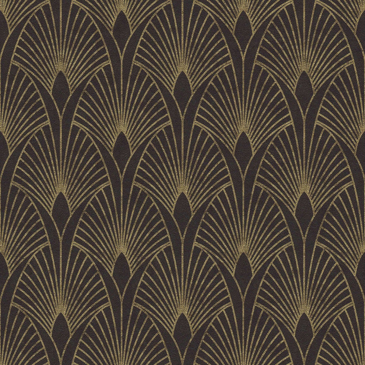 Art Deco tapetes ar zelta retro rakstu un fonu melnā krāsā AS 374273 AS Creation