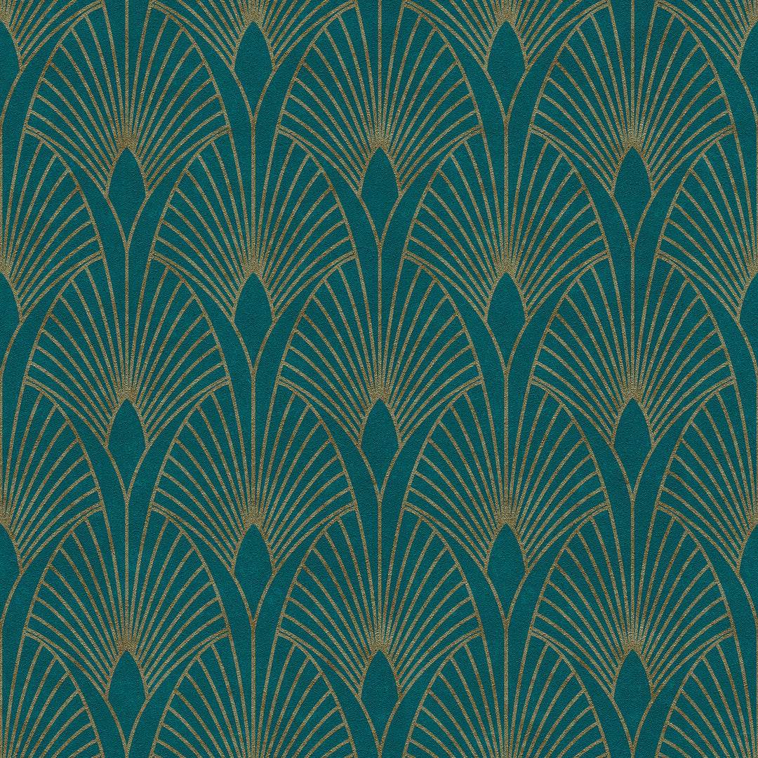 Art Deco tapetes ar zelta retro rakstu un fonu zilā krāsā AS 374275 AS Creation