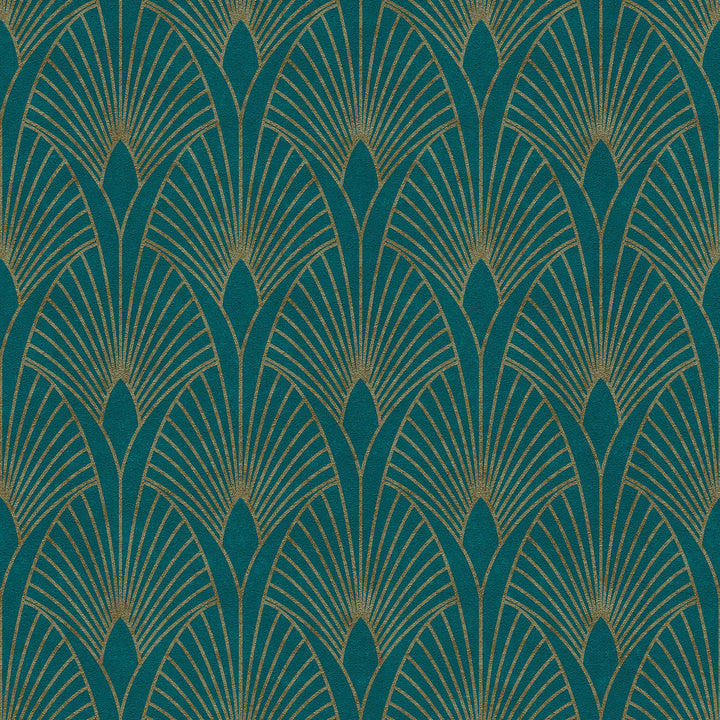 Art Deco tapetes ar zelta retro rakstu un fonu zilā krāsā AS 374275 AS Creation