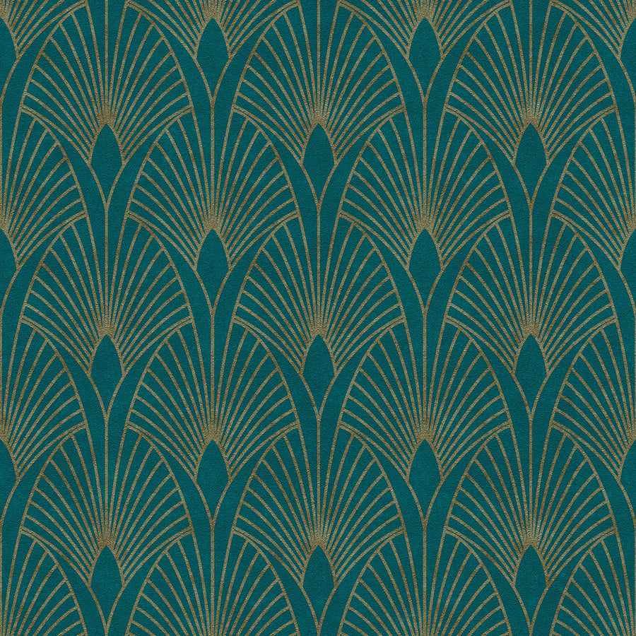 Art Deco tapetes ar zelta retro rakstu un fonu zilā krāsā AS 374275 AS Creation
