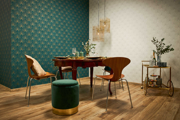 Art Deco tapetes ar zelta retro rakstu un fonu zilā krāsā AS 374275 AS Creation