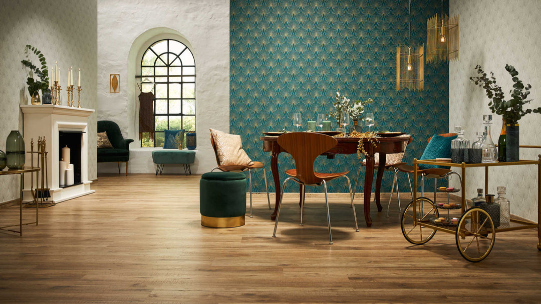 Art Deco tapetes ar zelta retro rakstu un fonu zilā krāsā AS 374275 AS Creation