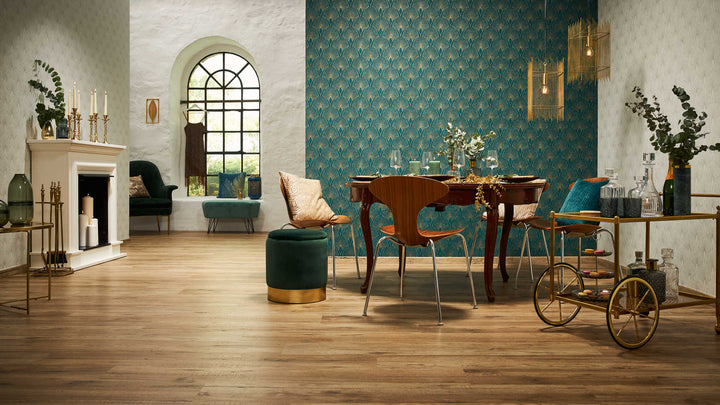 Art Deco tapetes ar zelta retro rakstu un fonu zilā krāsā AS 374275 AS Creation