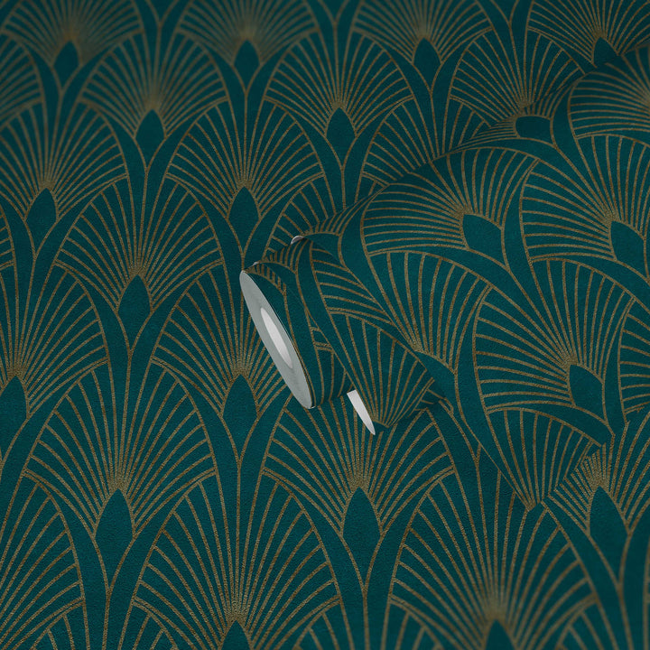 Art Deco tapetes ar zelta retro rakstu un fonu zilā krāsā AS 374275 AS Creation