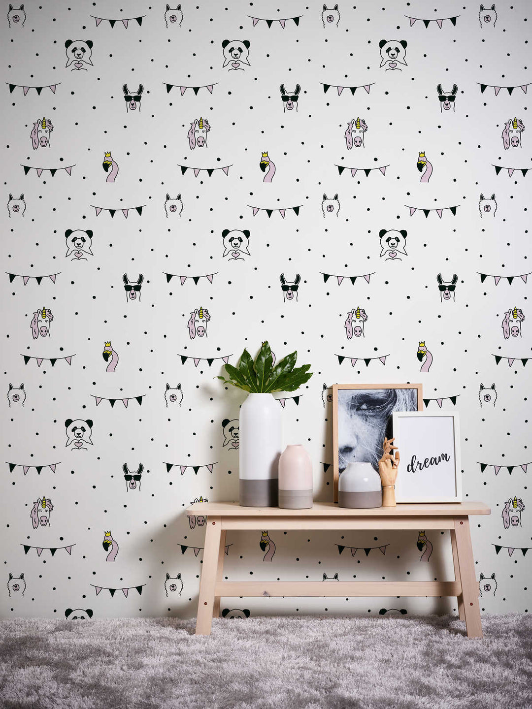 Bērnu tapetes ar dzīvnieku un punktu rakstu, balta, melna, roza - 381381, Bez PVC 🌿 AS Creation