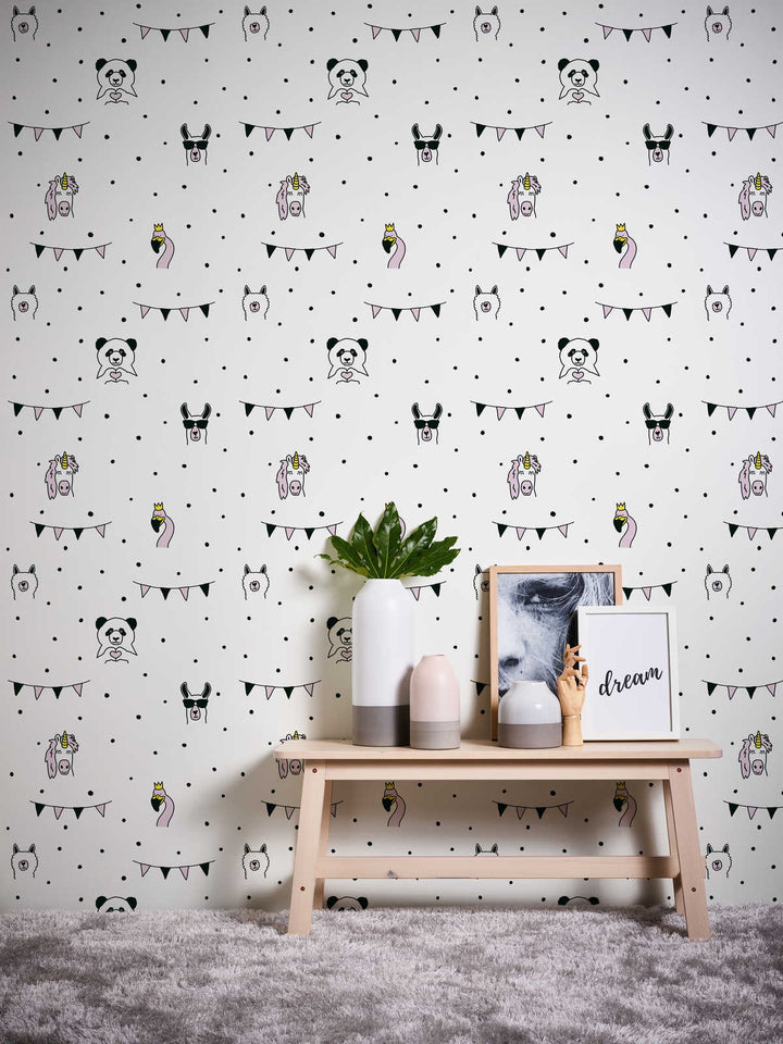Bērnu tapetes ar dzīvnieku un punktu rakstu, balta, melna, roza - 381381, Bez PVC 🌿 AS Creation