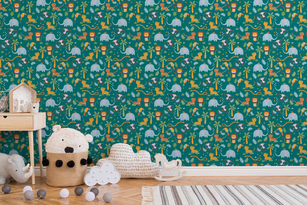 Bērnu tapetes ar džungļu dzīvniekiem – zaļā krāsā, 381151, Bez PVC 🌿 AS Creation