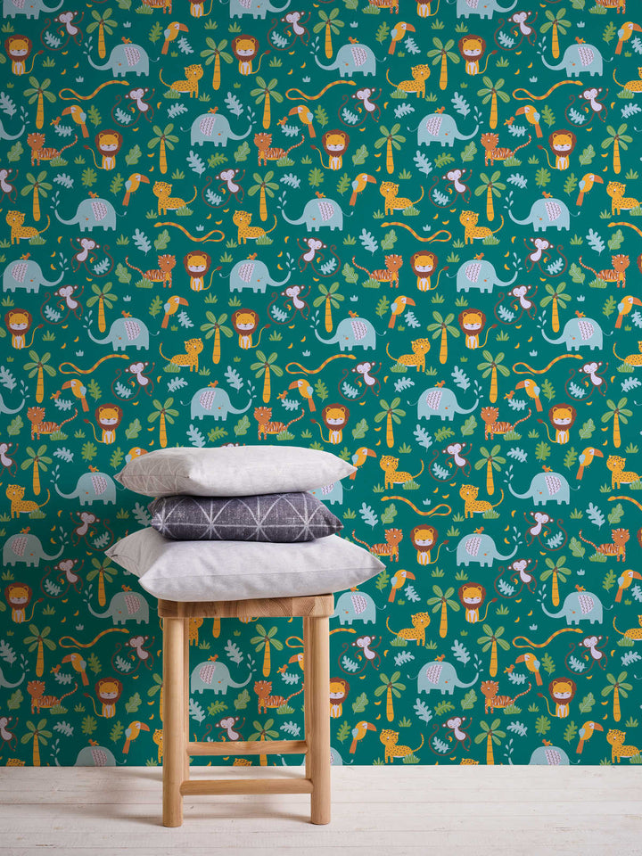 Bērnu tapetes ar džungļu dzīvniekiem – zaļā krāsā, 381151, Bez PVC 🌿 AS Creation