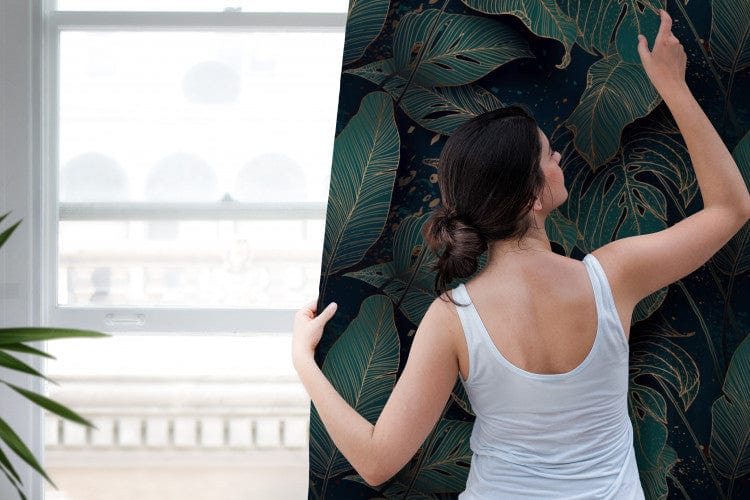 Dekoratīvie Dienas un nakts aizkari - - kompozīcija ar monsteras lapām, 147144 Tapetenshop.lv