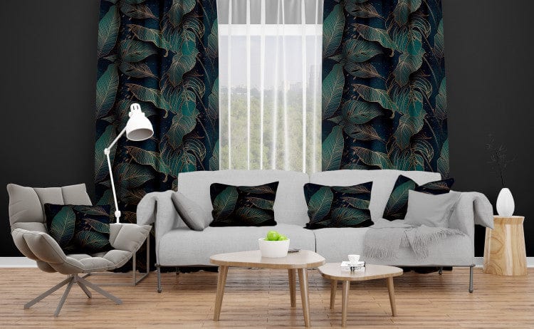 Dekoratīvie Dienas un nakts aizkari - - kompozīcija ar monsteras lapām, 147144 Tapetenshop.lv