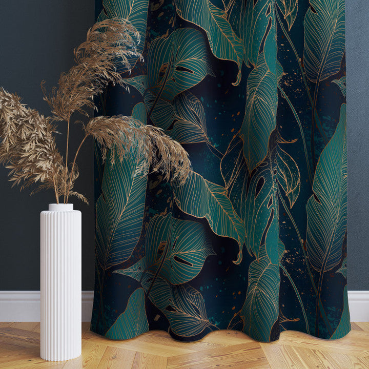 Dekoratīvie Dienas un nakts aizkari - - kompozīcija ar monsteras lapām, 147144 Tapetenshop.lv
