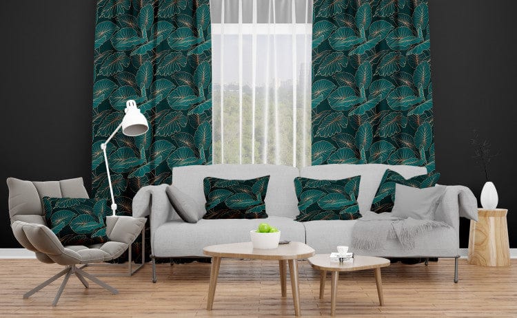 Dekoratīvie Dienas un nakts aizkari - - Nakts džungļi, botāniska kompozīcija ar alokāzijas lapām, 147162 Tapetenshop.lv