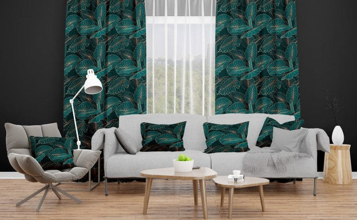 Dekoratīvie Dienas un nakts aizkari - - Nakts džungļi, botāniska kompozīcija ar alokāzijas lapām, 147162 Tapetenshop.lv