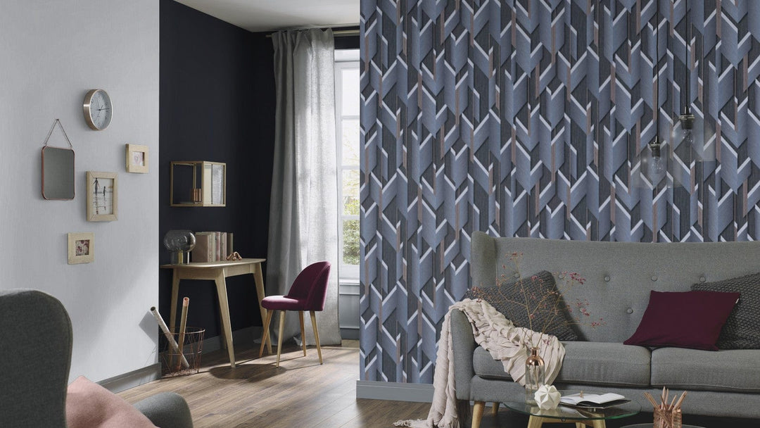 Dizaina tapetes ar ģeometrisku 3D rakstu, pelēkā un zilā - 3675354 Erismann