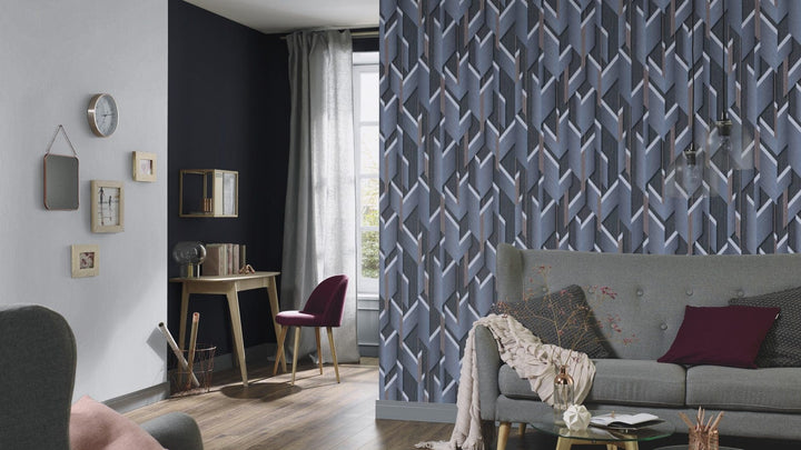 Dizaina tapetes ar ģeometrisku 3D rakstu, pelēkā un zilā - 3675354 Erismann