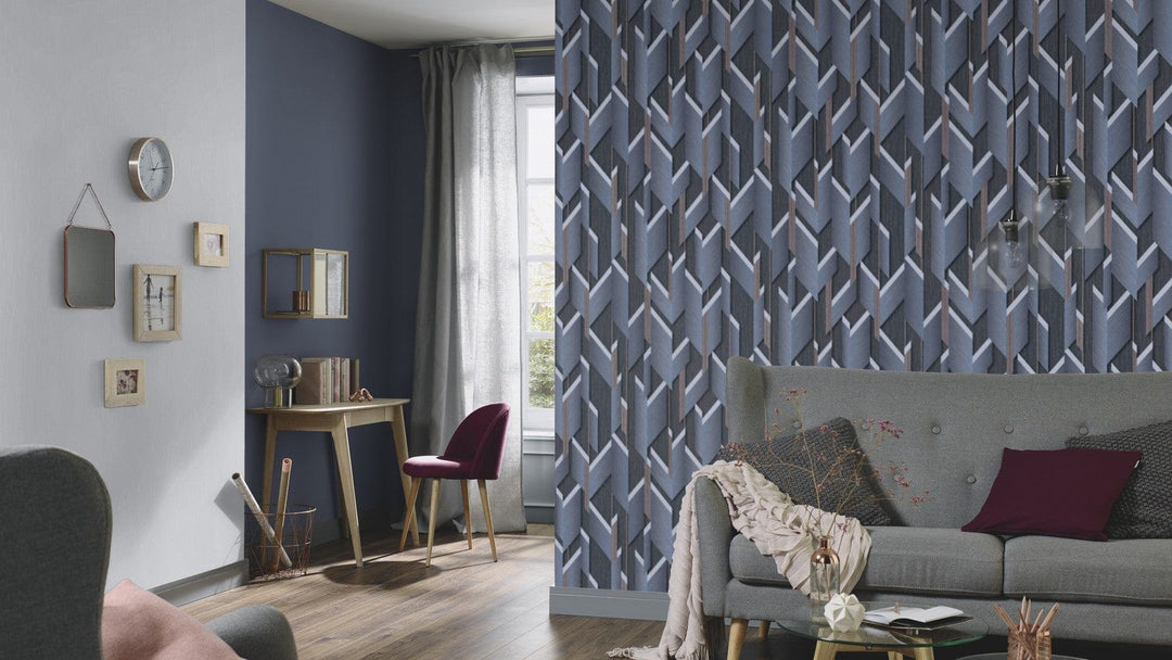 Dizaina tapetes ar ģeometrisku 3D rakstu, pelēkā un zilā - 3675354 Erismann