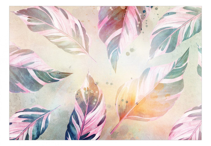 Fototapetes Dabas dzeja - rozā-zaļas lapas uz krāsaina fona - 143786 G-ART