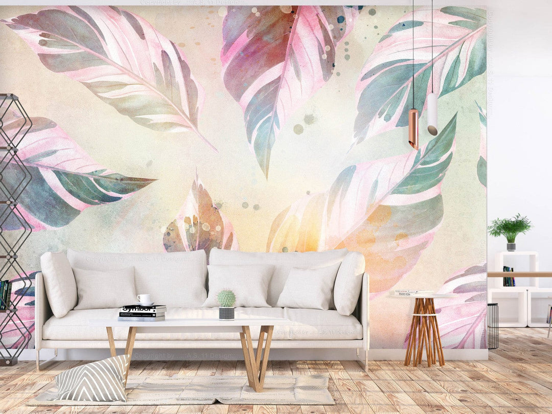 Fototapetes Dabas dzeja - rozā-zaļas lapas uz krāsaina fona - 143786 G-ART